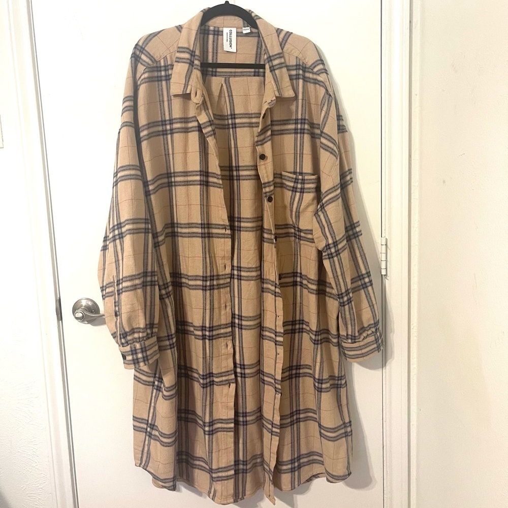 ASOS Curve Beige Plaid Long Sleeve Shirt Dress